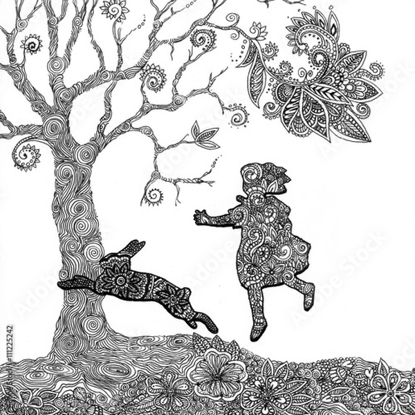 Fototapeta the alice in wonderland story hand drawn outline with texture isolated on the white background