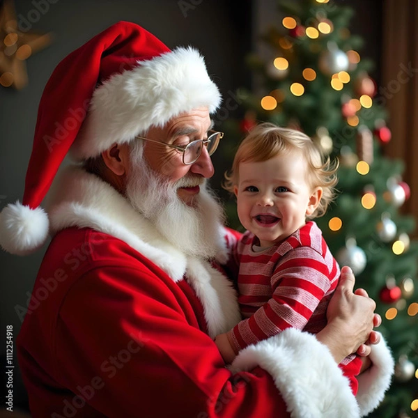 Obraz Portrait d'un grang-père portant un chapeau de Père Noël tenant un bébé souriant, fond d'arbre de Noël. Grand-mère et petit-enfant, joyeux concept de réunion de famille