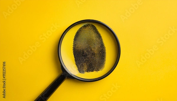 Fototapeta Magnifying glass and black fingerprint ink on yellow. Biometric identification for forensic purposes