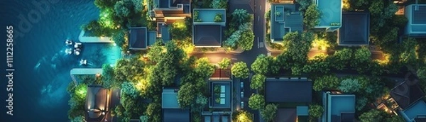 Fototapeta Aerial view of a lush, green coastal city at night. Buildings and pools are illuminated, creating a beautiful contrast against the dark ocean.