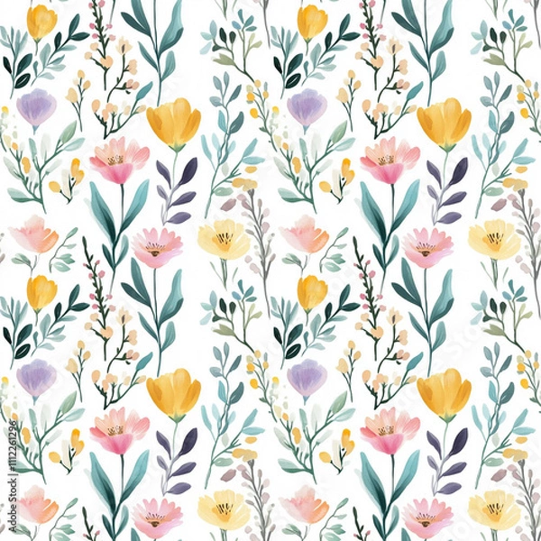 Fototapeta Seamless floral pattern featuring vibrant wildflowers in a harmonious arrangement on a delicate white background