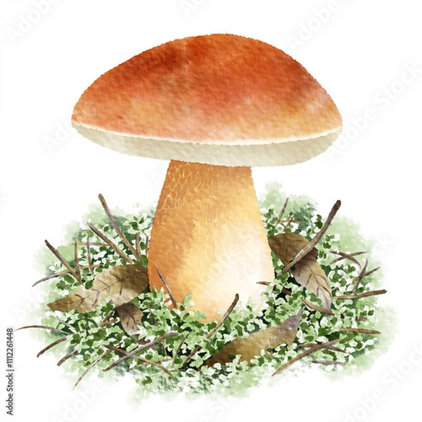 Fototapeta デジタル水彩画＿野生の食用キノコのヤマドリタケ