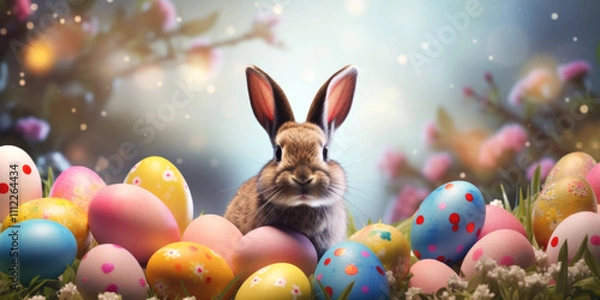 Obraz Easter background with eggs, bunnies and flowers Generative AI
