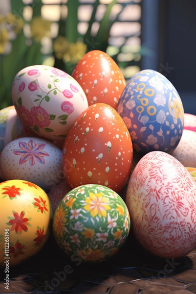 Obraz Easter background with eggs, bunnies and flowers Generative AI