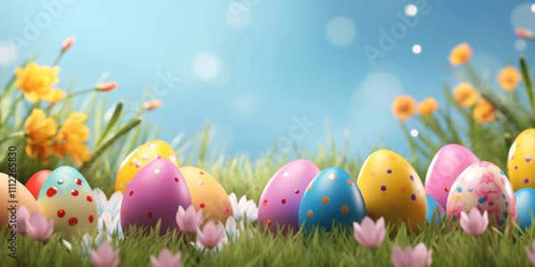 Obraz Easter background with eggs, bunnies and flowers Generative AI