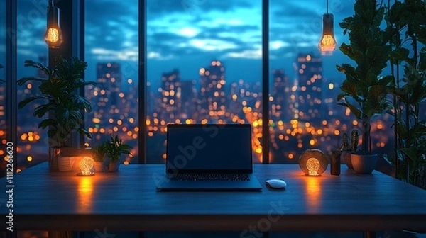Fototapeta Modern home office room with laptop computer and copy space on working desk over blurred outdoor view at night in the background. 3D rendering, 3D illustration