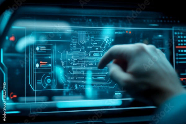 Fototapeta A futuristic interface with glowing blue graphics, displaying digital data while a hand interacts with the touchscreen.