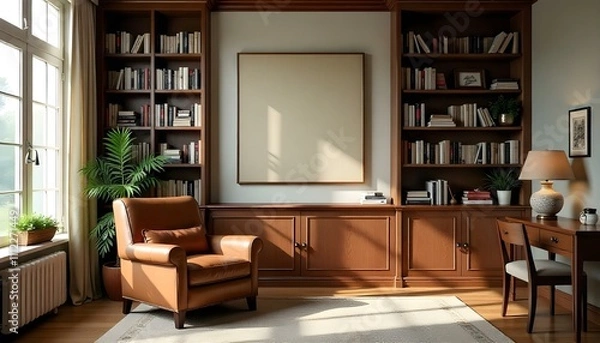 Fototapeta A cozy home library with floor-to-ceiling bookshelves filled with books, and a large framed artwork on the wall.