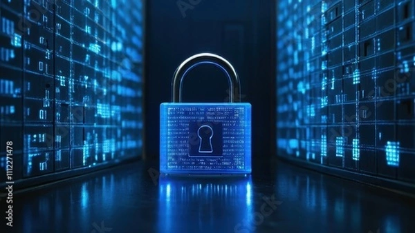 Fototapeta Digital padlock in a server room, symbolizing data security and protection