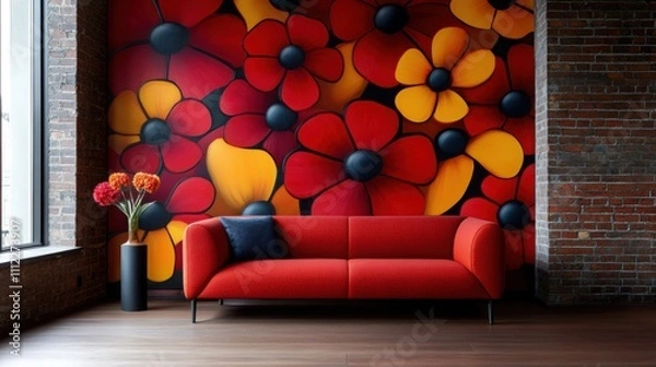 Fototapeta a wallpaper featuring hand-painted florals in vivid reds and yellows, adding a bold artistic touch to a feature wall.