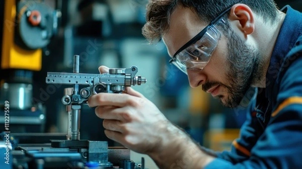 Obraz An engineer using a digital caliper to take precise measurements of a mechanical part, demonstrating attention to detail and accuracy