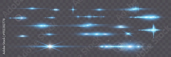 Fototapeta Blue light flash effects and horizontal dividers vector set. Festive party horizontal design elements for decoration and overlays.
