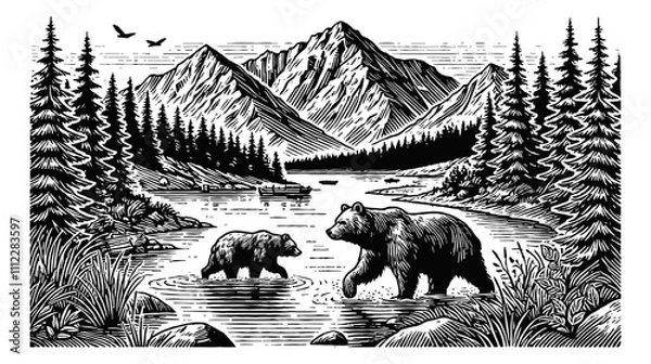Fototapeta mountain landscape with a lake in the foreground, two bears walking in the water engraving black and white outline