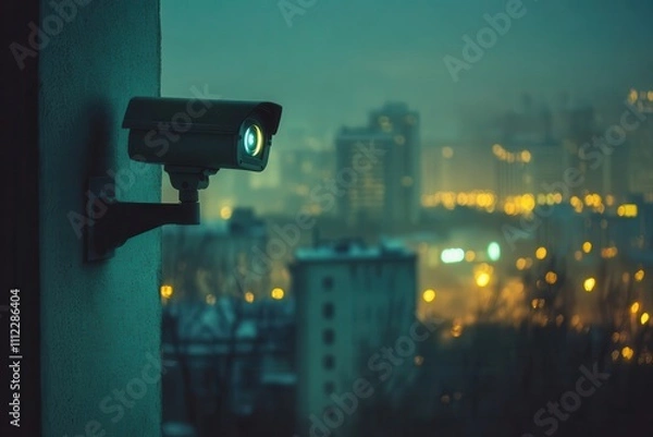Fototapeta Security camera on building at night, city blurred background. Illustrates surveillance, safety, and urban monitoring.