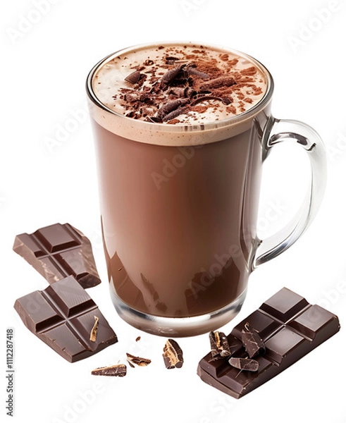 Obraz Hot Chocolate with Cream Topped with Chocolate Shavings and Bars Isolated on a Transparent Background