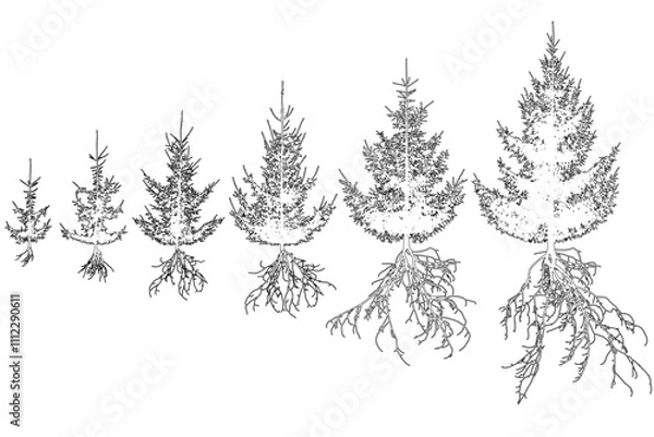 Fototapeta Contour of spruce trees with roots. Life process of fir tree and rootage. Vector illustration