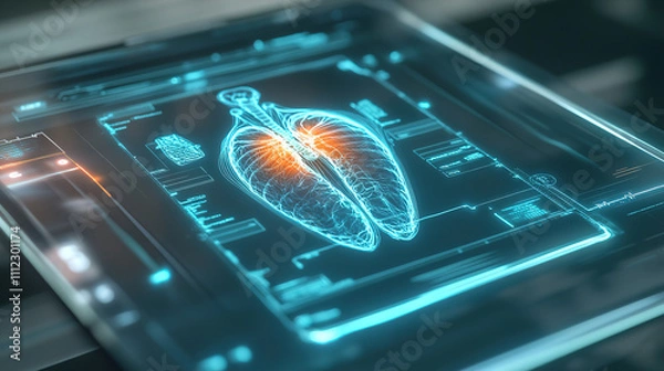 Fototapeta Digital holographic representation of human lungs showcasing respiratory function and health metrics in a high-tech setting. Generative AI