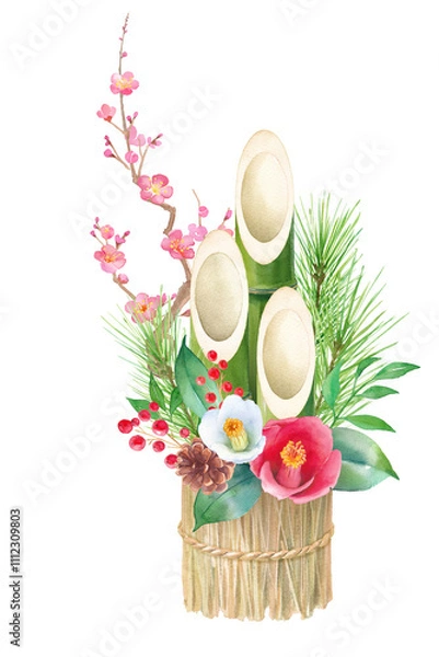 Obraz 藁をベースにした小さな門松の水彩イラスト。日本のお正月の伝統文化。松竹梅の縁起物、魔除け。