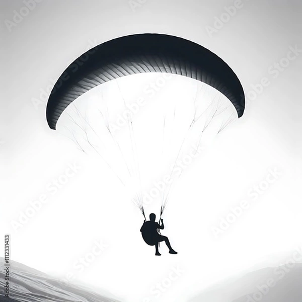 Fototapeta A silhouetted paraglider soaring through the sky.
