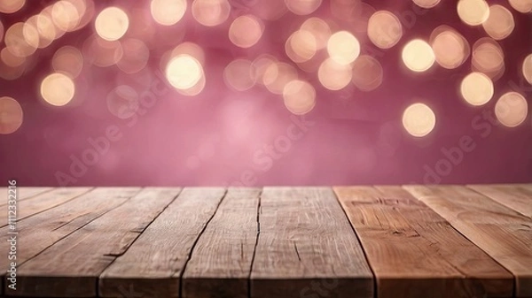 Fototapeta Empty wooden table over pink bokeh lights background. Valentine's day or women day concept celebration.