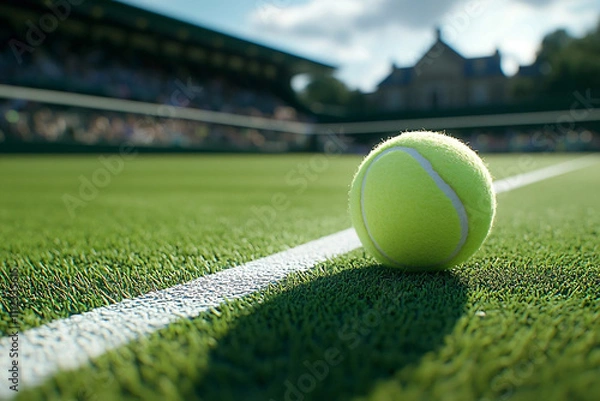 Fototapeta A close-up of a yellow tennis ball resting on a grass tennis court, with a blurred stadium and spectators in the background under a sunny sky