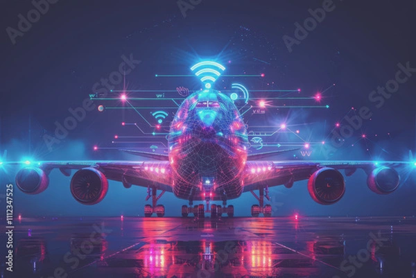 Fototapeta Futuristic aircraft with Wi-Fi symbol and device connection cables.