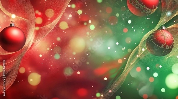 Fototapeta Vibrant Red and Green Abstract Christmas Ornament Background with Glowing Lights and Bokeh
