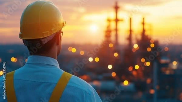 Obraz Engineer Overseeing Petroleum Operations at Sunset