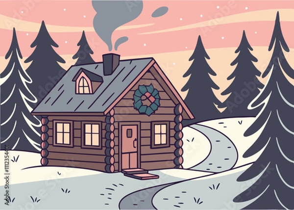 Fototapeta Christmas Scene with Wooden House and Snowfall