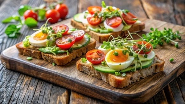 Fototapeta Delicious open faced sandwiches topped with avocado, tomatoes, eggs, and microgreens on rustic wooden board , brunch