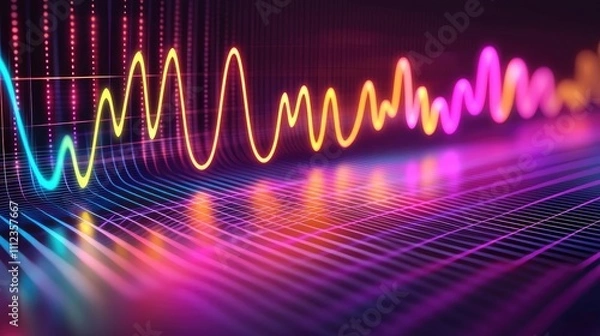 Fototapeta Colorful digital sound waves on dark background, abstract audio visualization.