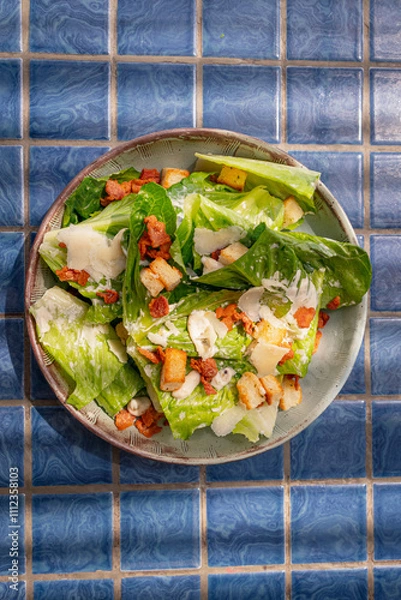 Fototapeta Top view of caesar salad with crispy bacon and parmesan cheese