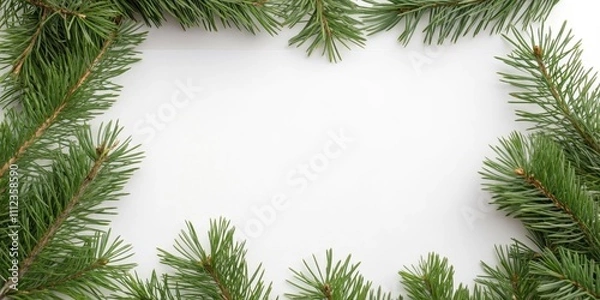 Fototapeta A Festive Frame of Evergreen Branches on a White Background Perfect for Winter Holiday Messages