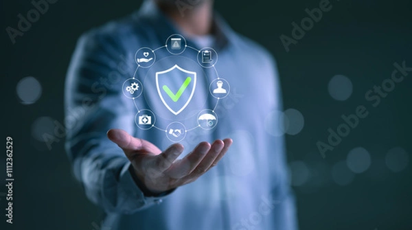 Fototapeta Safety First, Work Safety and Compliance Concept, Man with work safety and compliance icons, including a shield, hard hat, checklist, workplace safety, health protocols, and regulatory compliance.