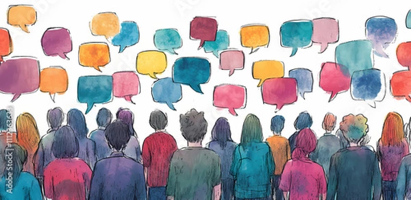 Fototapeta Crowd of People with Colorful Speech Bubbles: A watercolor illustration depicting a diverse crowd of people viewed from behind, surrounded by a multitude of colorful speech bubbles.