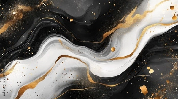Fototapeta Abstract Black and White Fluid Art with Gold Accents Creating Elegant Waves and Textures for Modern Design and Creative Projects