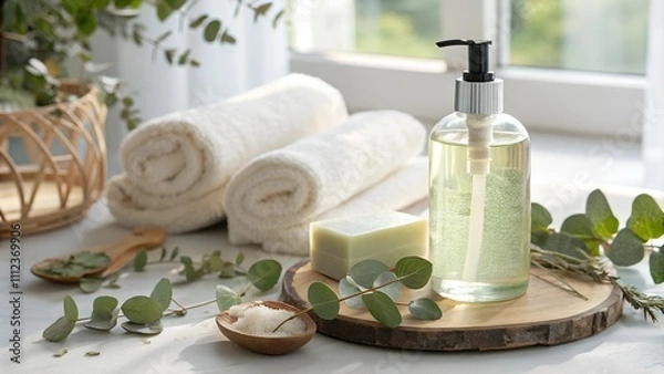 Obraz Bottles of dry skin body wash with towels and eucalyptus leaves