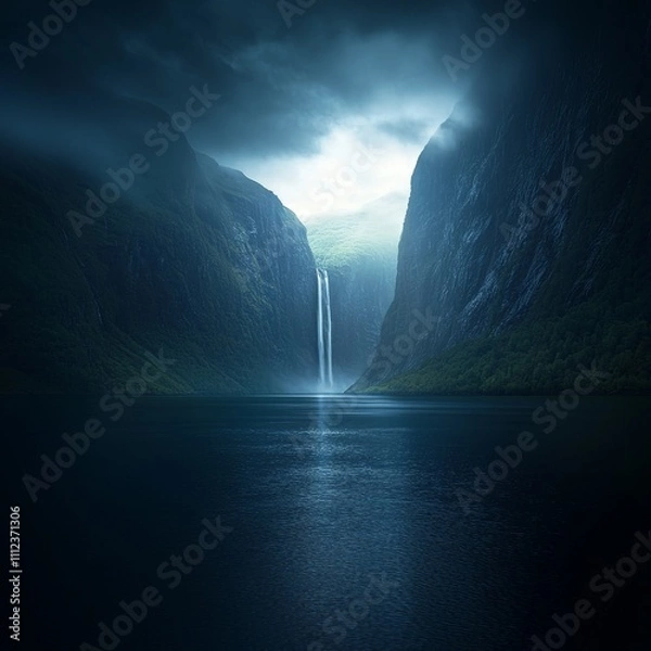 Obraz Enigmatic Fjord Waterfall Under a Dramatic Sky