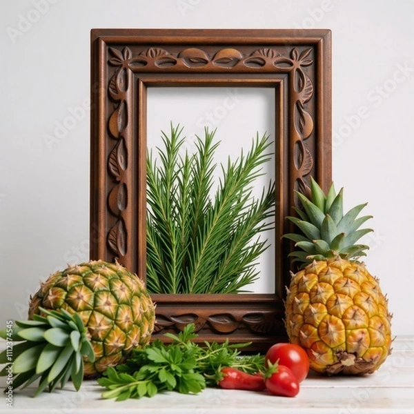 Obraz A charming scene featuring rosemary pineapples and other herbs and produce