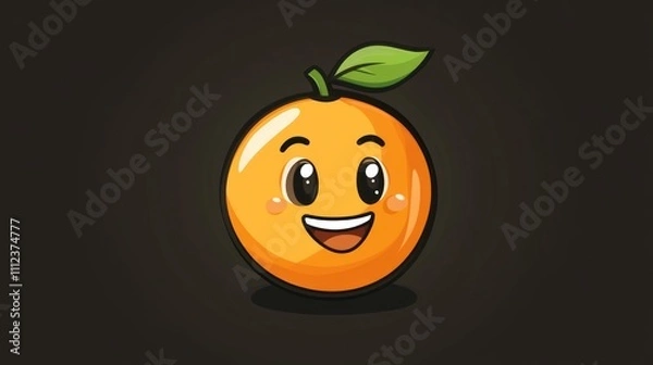 Fototapeta A cheerful cartoon orange with a smiling face and a green leaf on a dark background.