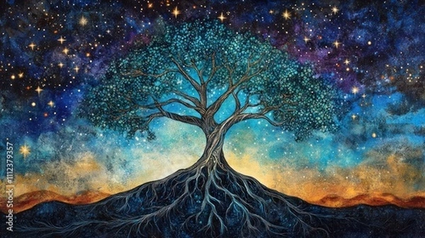 Obraz Mystical teal tree with exposed roots against a vibrant starry night sky.