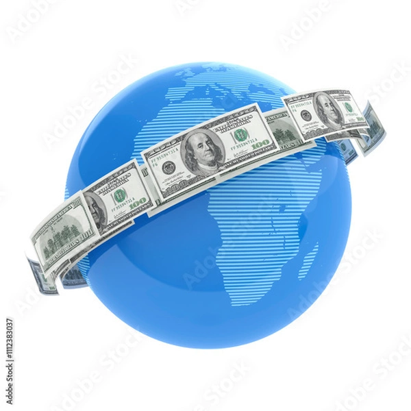 Obraz 3D render of flying dollar bills around world