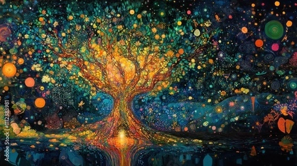 Obraz Glowing mystical tree of life with colorful lights and nebula.