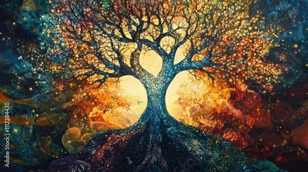 Obraz Vibrant, colorful tree of life painting with roots and branches glowing.