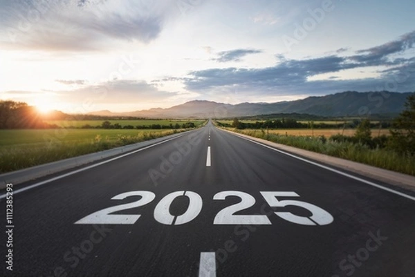 Fototapeta 2025 Goal plan action, Business target and growth strategy. New year resolution and challenge. 2025 on the road in the middle of asphalt road with at sunset forward and planning to the goal