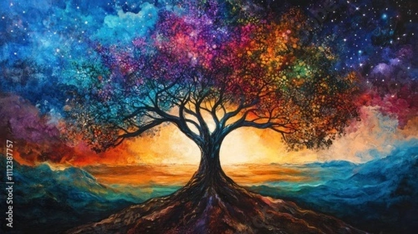 Fototapeta Colorful cosmic tree on a hilltop at sunset with vibrant nebulae-like sky.