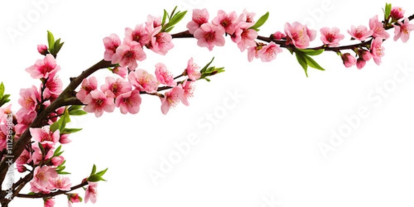 Obraz Peach tree branch adorned with pink flowers along the corner border, set on a white background.AI GENERATED