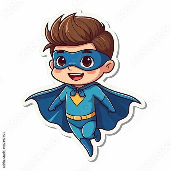Fototapeta A cute chibi superhero with a bright blue cape and mask, flying through the air with a big smile, in a sticker style with a plain white background.
