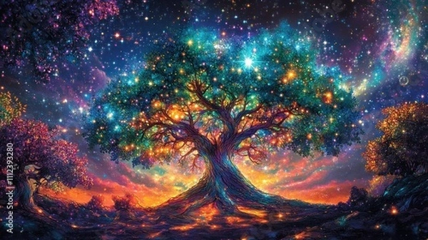 Obraz Luminous tree of life glowing at night under a starry sky.