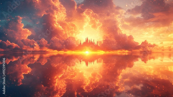 Fototapeta A floating castle made of clouds glowing golden i_0178